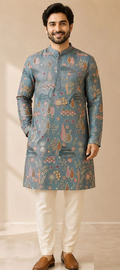 Black and Grey color Kurta Pyjamas in Art Silk fabric with Printed work