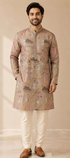 Beige and Brown color Kurta Pyjamas in Art Silk fabric with Printed work