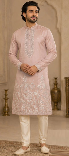 Pink and Majenta color Kurta Pyjamas in Art Silk fabric with Embroidered work