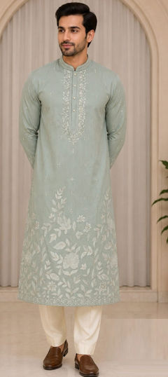 Blue color Kurta Pyjamas in Art Silk fabric with Embroidered work