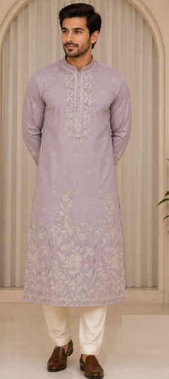 Purple and Violet color Kurta Pyjamas in Art Silk fabric with Embroidered work