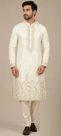 White and Off White color Kurta Pyjamas in Art Silk fabric with Embroidered work