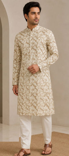 Beige and Brown color Kurta Pyjamas in Art Silk fabric with Printed work