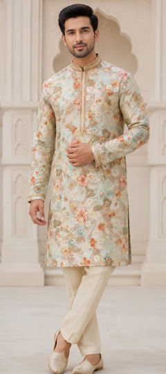 Beige and Brown color Kurta Pyjamas in Art Silk fabric with Floral, Printed work