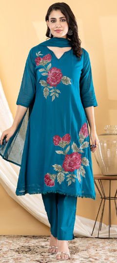 Blue color Salwar Kameez in Cotton fabric with Embroidered, Sequence work