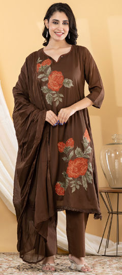 Beige and Brown color Salwar Kameez in Cotton fabric with Embroidered, Sequence work