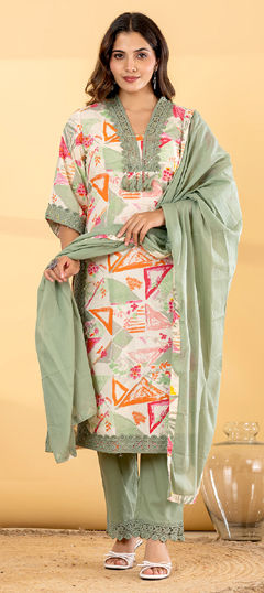 Green color Salwar Kameez in Cotton fabric with Cut Dana, Floral, Lace, Printed work