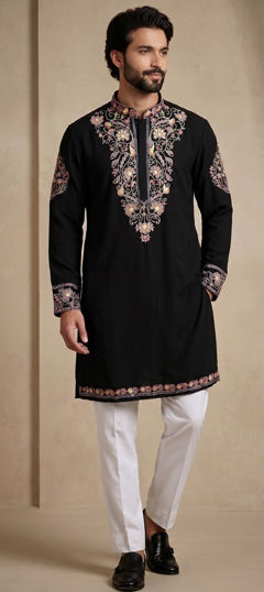 Black and Grey color Kurta Pyjamas in Viscose fabric with Embroidered, Thread work