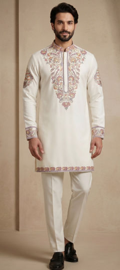 White and Off White color Kurta Pyjamas in Viscose fabric with Embroidered, Thread work