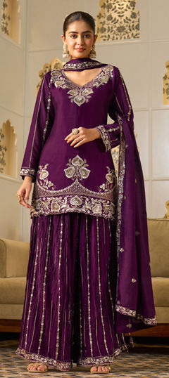 Blue color Salwar Kameez in Georgette fabric with Embroidered, Mirror, Sequence, Zari work