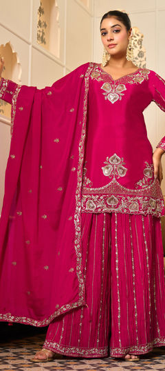 Pink and Majenta color Salwar Kameez in Georgette fabric with Embroidered, Mirror, Sequence, Zari work