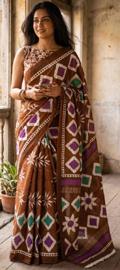 Beige and Brown color Saree in Mul Cotton fabric with Printed work
