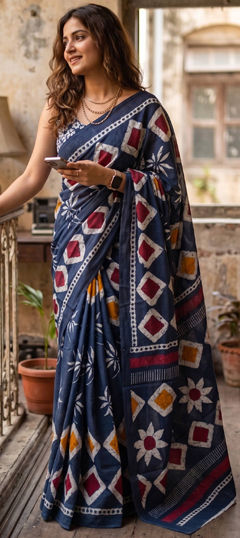 Blue color Saree in Mul Cotton fabric with Printed work