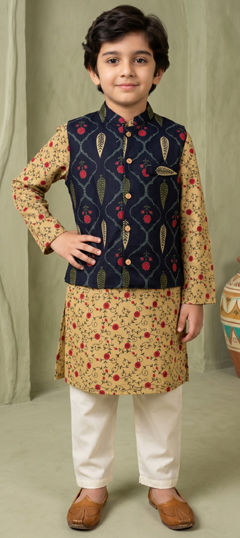 Beige and Brown, Blue color Boys Kurta Pyjama with Jacket in Cotton fabric with Floral, Printed work