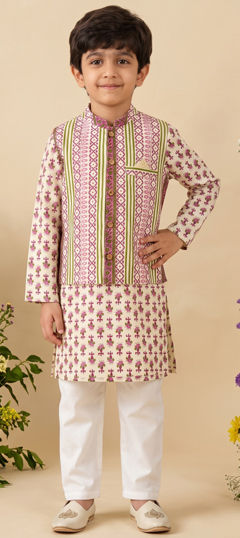 Beige and Brown, Pink and Majenta color Boys Kurta Pyjama with Jacket in Cotton fabric with Floral, Printed work