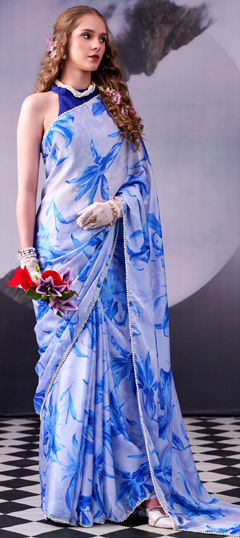 Blue color Saree in Satin Silk fabric with Floral, Printed work