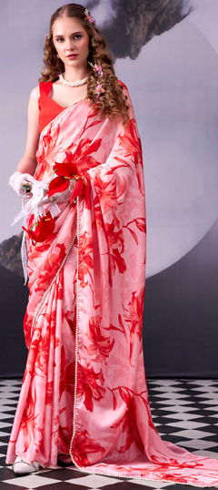 Red and Maroon color Saree in Satin Silk fabric with Floral, Printed work