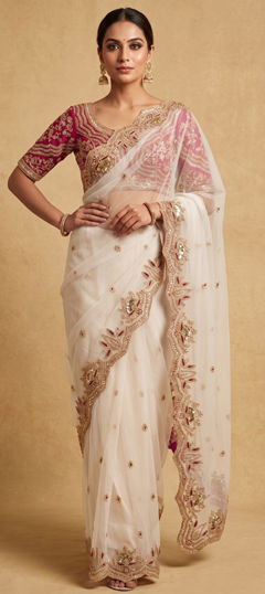 White and Off White color Saree in Net fabric with Sequence, Thread, Zari work