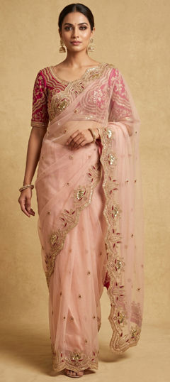 Pink and Majenta color Saree in Net fabric with Sequence, Thread, Zari work