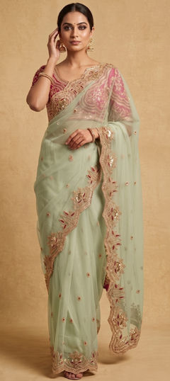Green color Saree in Net fabric with Sequence, Thread, Zari work