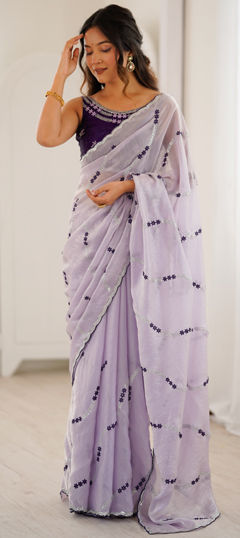 Purple and Violet color Saree in Tissue fabric with Embroidered, Sequence work