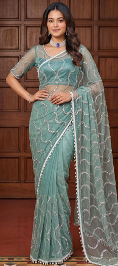 Green color Saree in Net fabric with Embroidered, Moti, Sequence work
