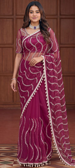 Pink and Majenta color Saree in Net fabric with Embroidered, Moti, Sequence work