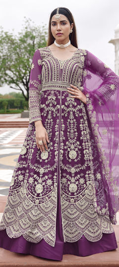 Purple and Violet color Long Lehenga Choli in Net fabric with Embroidered, Stone work