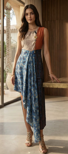 Blue color Dress in Satin fabric with Printed work