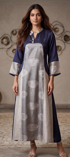 Blue color Dress in Linen, Satin fabric with Printed work