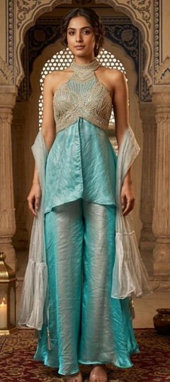 Blue color Salwar Kameez in Satin fabric with Embroidered work