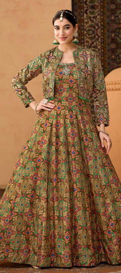 Green color Gown in Silk fabric with Printed work