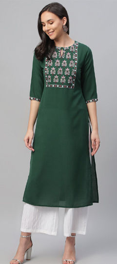 Green color Salwar Kameez in Cotton, Rayon fabric with Embroidered work