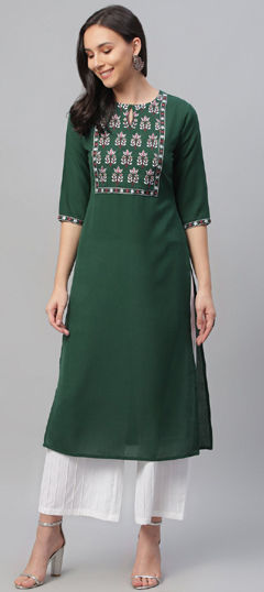 Green color Salwar Kameez in Cotton, Rayon fabric with Embroidered work
