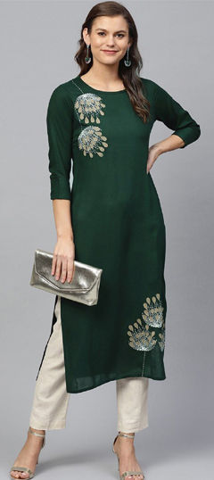 Green color Salwar Kameez in Cotton, Rayon fabric with Embroidered work