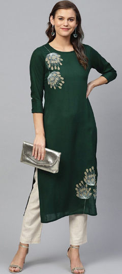 Green color Salwar Kameez in Cotton, Rayon fabric with Embroidered work