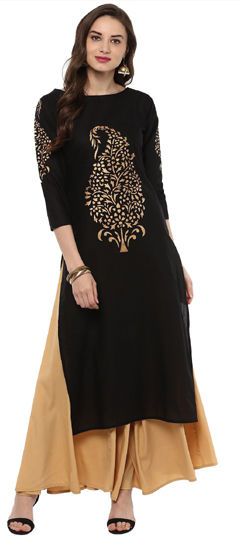 Black and Grey color Salwar Kameez in Cotton, Rayon fabric with Embroidered work