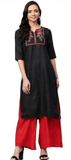 Black and Grey color Salwar Kameez in Cotton, Rayon fabric with Embroidered work