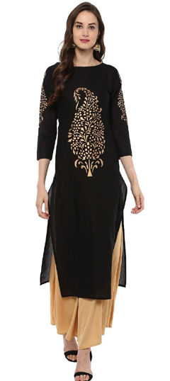 Black and Grey color Salwar Kameez in Cotton, Rayon fabric with Embroidered work