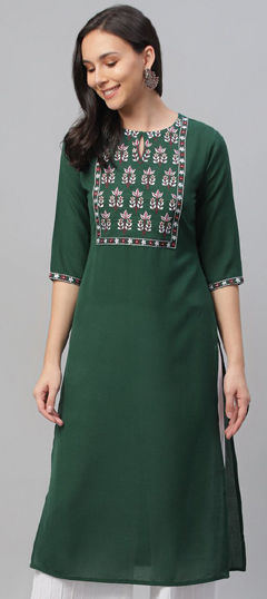 Green color Kurti in Cotton, Rayon fabric with Embroidered work