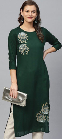 Green color Kurti in Cotton, Rayon fabric with Embroidered work