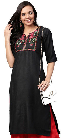 Black and Grey color Kurti in Cotton, Rayon fabric with Embroidered work