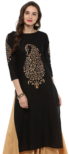 Black and Grey color Kurti in Cotton, Rayon fabric with Embroidered work