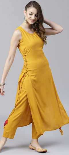 Yellow color Salwar Kameez in Cotton, Rayon fabric with Thread work