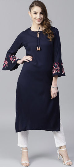 Blue color Salwar Kameez in Cotton, Rayon fabric with Embroidered work
