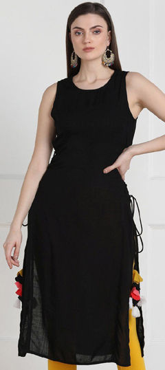 Black and Grey color Kurti in Cotton, Rayon fabric with Thread work