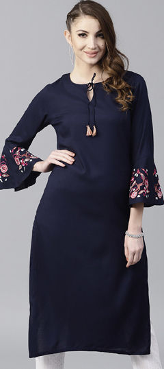 Blue color Kurti in Cotton, Rayon fabric with Embroidered work