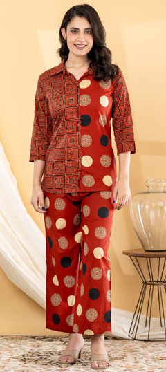 Red and Maroon color Co-ords Set in Cotton fabric with Bandhej, Printed work