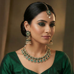 Gold and Silver Rodium Polish Green color Necklace in Metal Alloy studded with CZ Diamond, Kundan