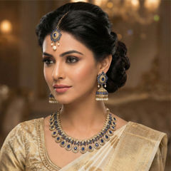Gold and Silver Rodium Polish Blue color Necklace in Metal Alloy studded with CZ Diamond, Kundan